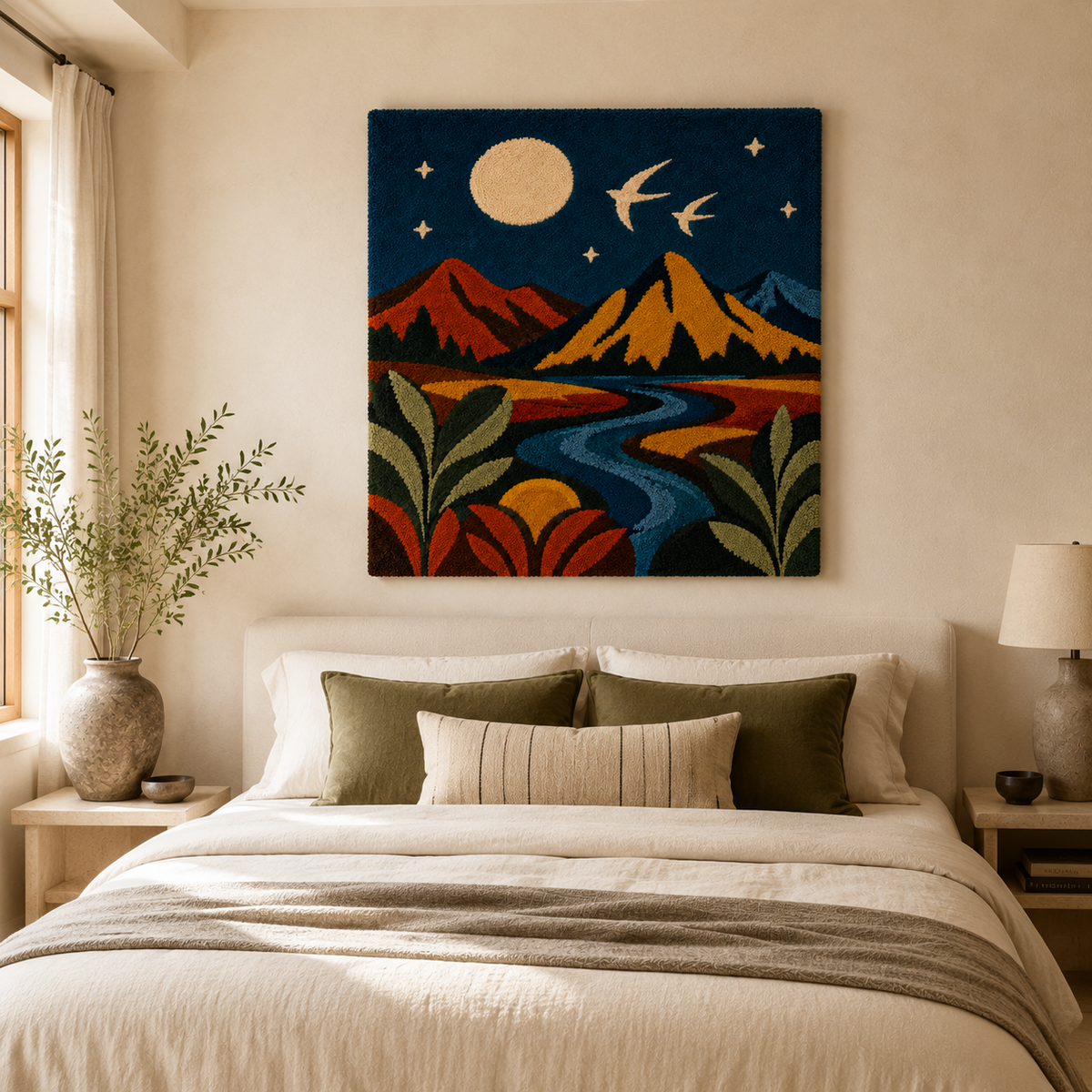Hewn Earth Moon River Range wall art featuring a serene mountain landscape in soft, natural tones.