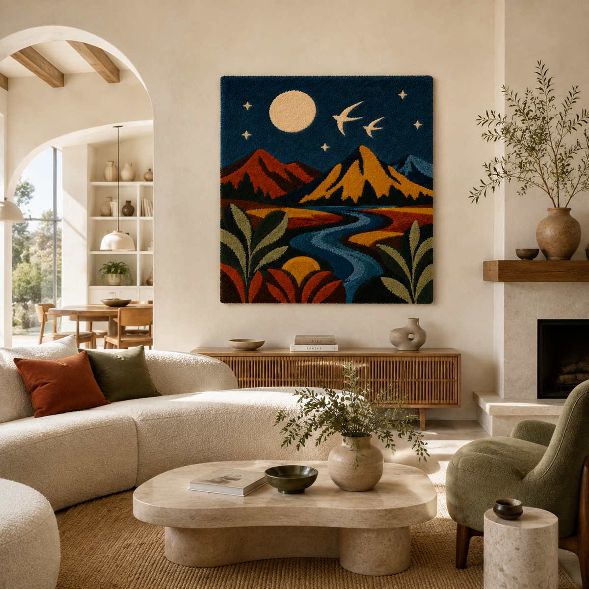 Hewn Earth Moon River Range wall art featuring a serene landscape scene with mountains and river in natural tones