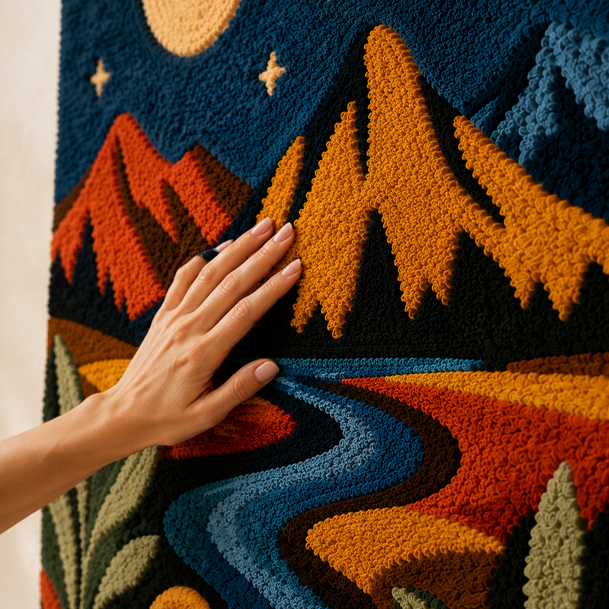 Hewn Earth Moon River Range wall art featuring a scenic landscape with mountains and river in earthy tones.