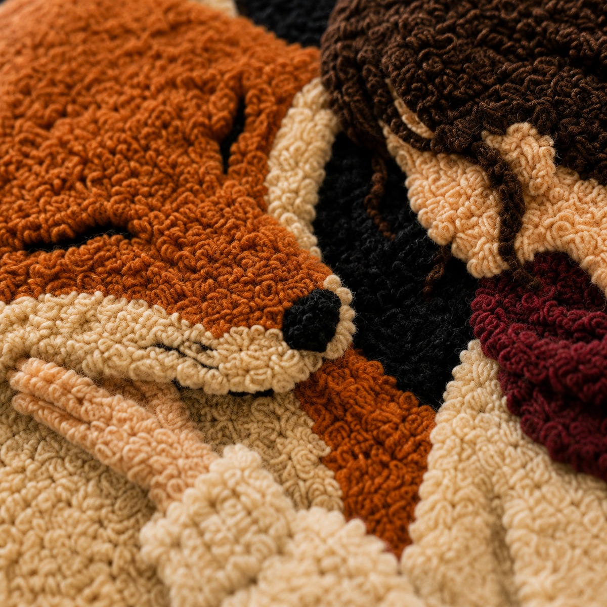 Close-up of Hewn Earth Fox Embrace wall art showing textured details and warm earthy tones in a natural wall setting.