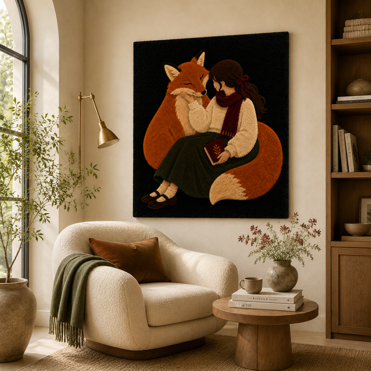 Hewn Earth Fox Embrace wall art featuring a stylized fox illustration on a textured background.