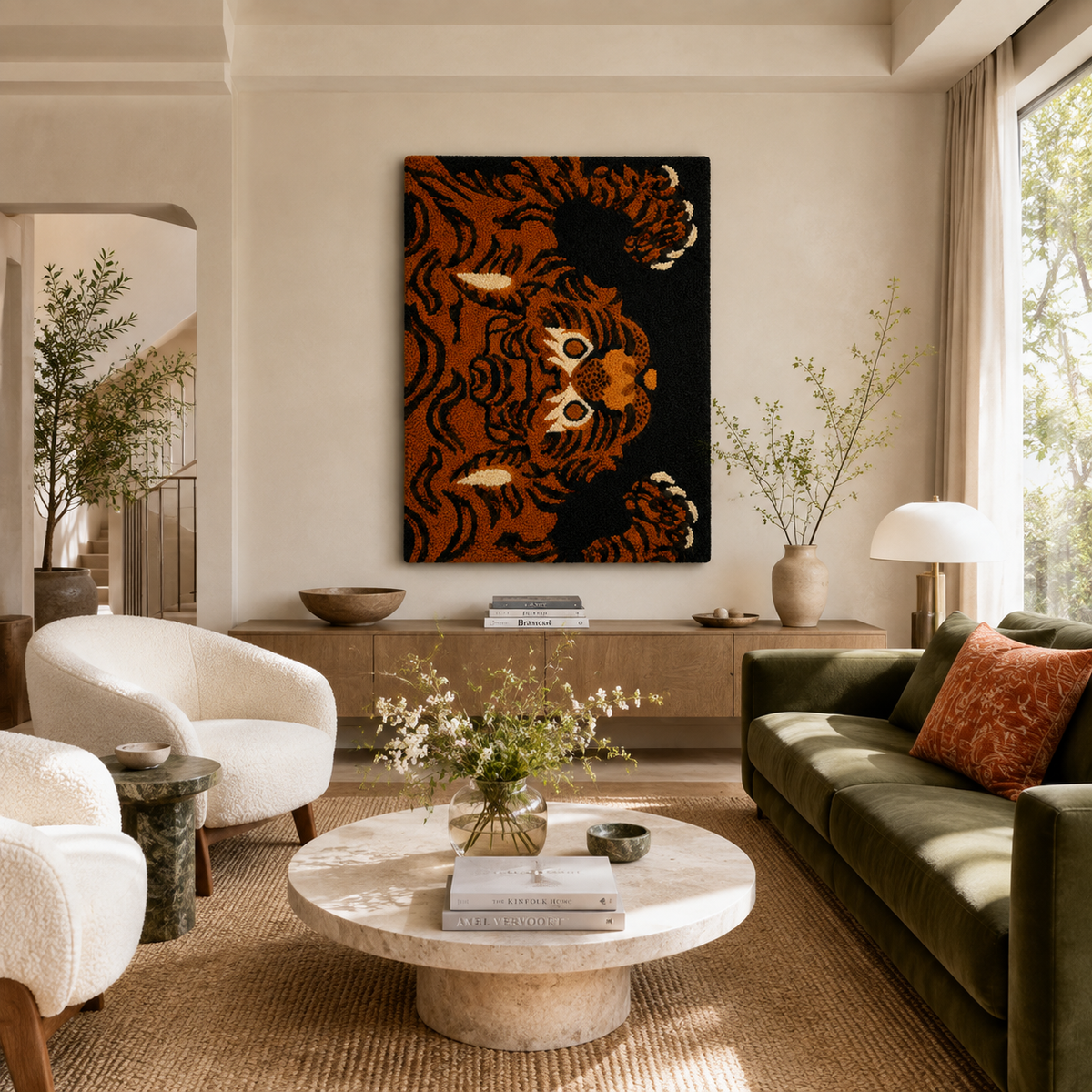 Hewn Earth Ember Tiger Gaze wall art featuring a fierce tiger's face with warm, fiery tones on a textured canvas.