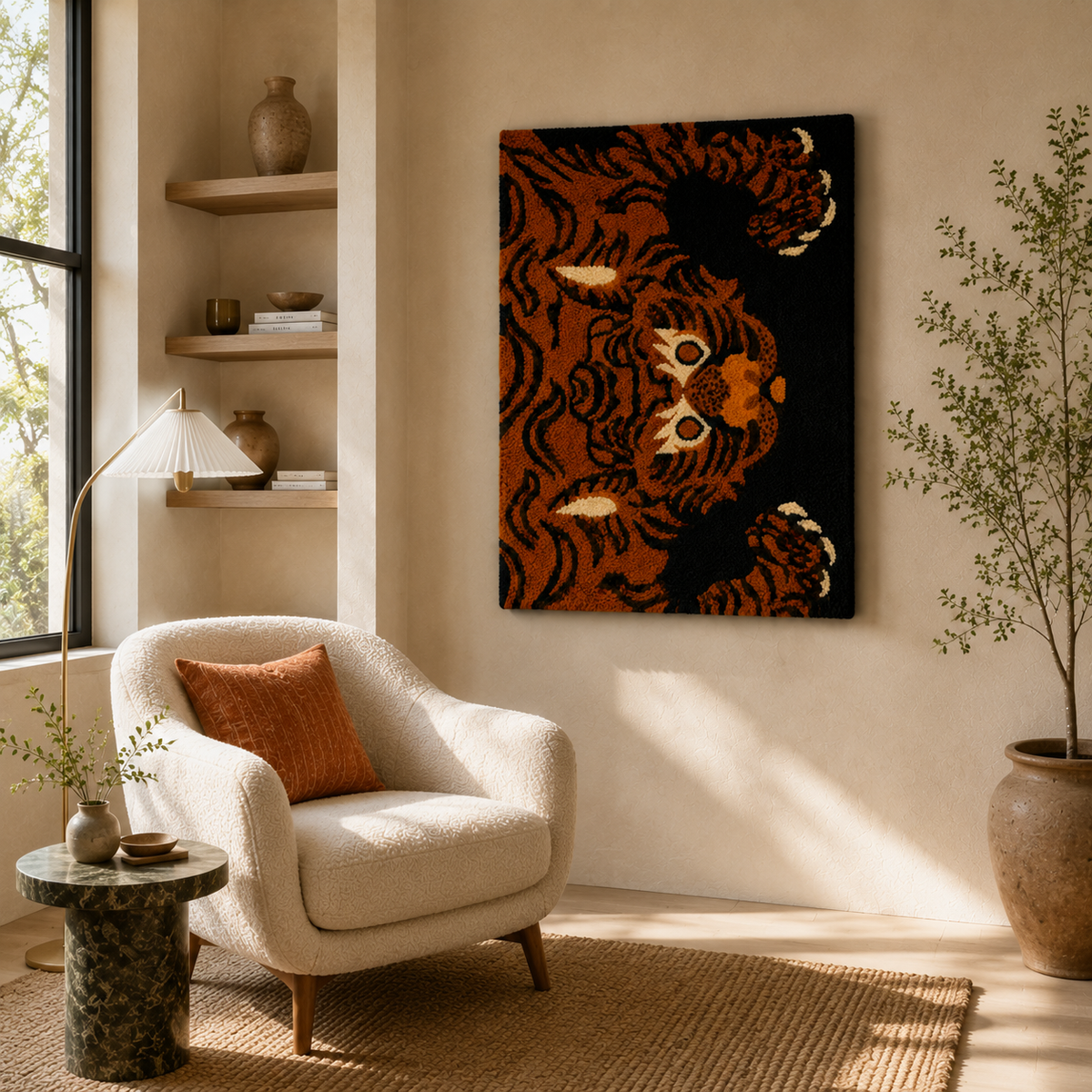 Hewn Earth Ember Tiger Gaze wall art featuring a fiery orange and black tiger face on a textured background.