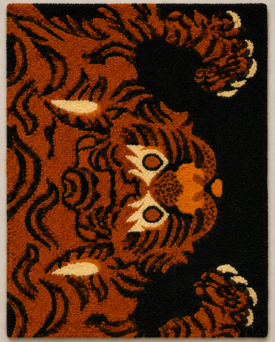 Hewn Earth Ember Tiger Gaze wall art featuring a fiery tiger's face with vibrant orange and black tones, displayed on a white background.