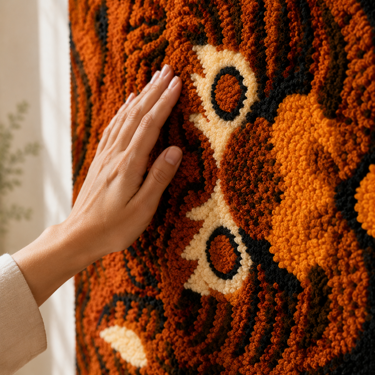 Hewn Earth Ember Tiger Gaze wall art featuring a striking tiger face with fiery orange and black tones on a textured background.