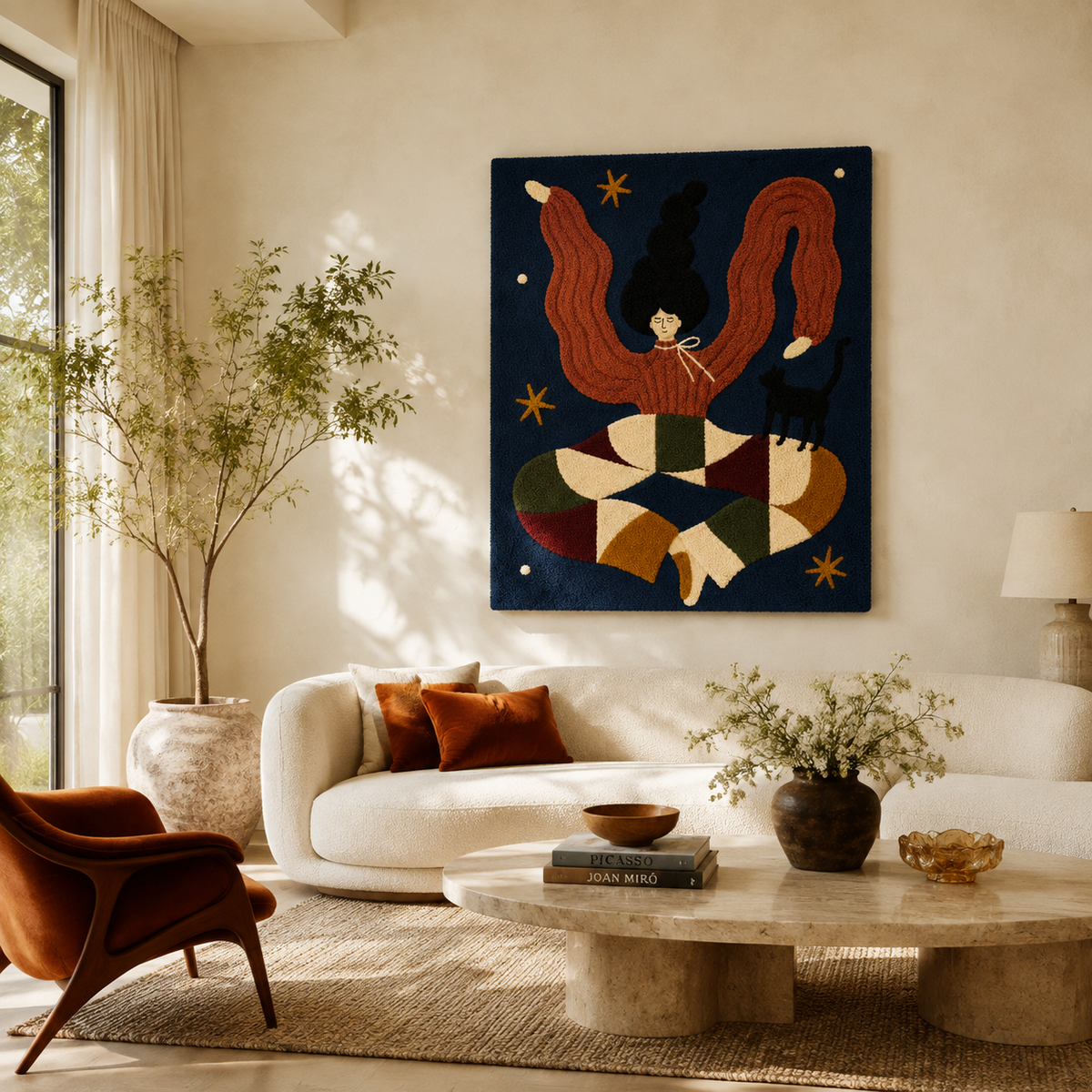 Crimson Thread Dreamer wall art by Hewn Earth featuring vibrant red and gold woven textile design on a neutral background.