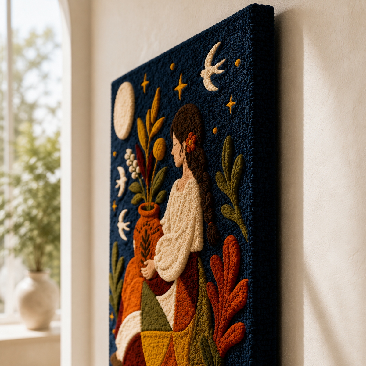 Close-up of Hewn Earth Moon Garden Keeper wall art featuring intricate moon and garden design on textured material.