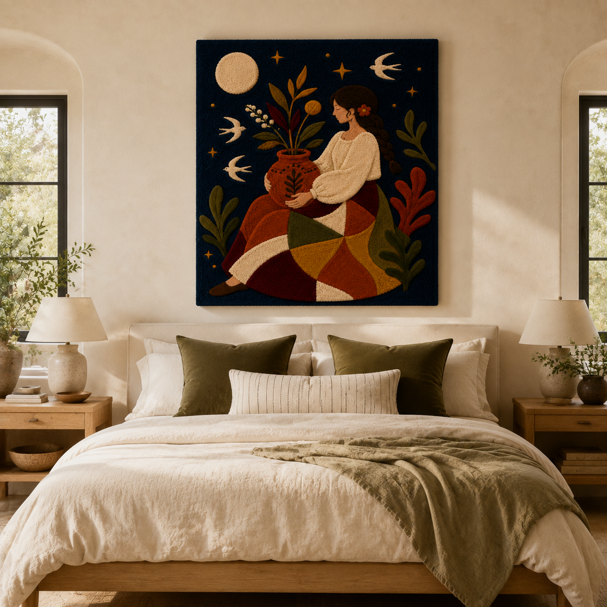 Hewn Earth Moon Garden Keeper wall art featuring a serene moon and garden scene on a decorative wall hanging.