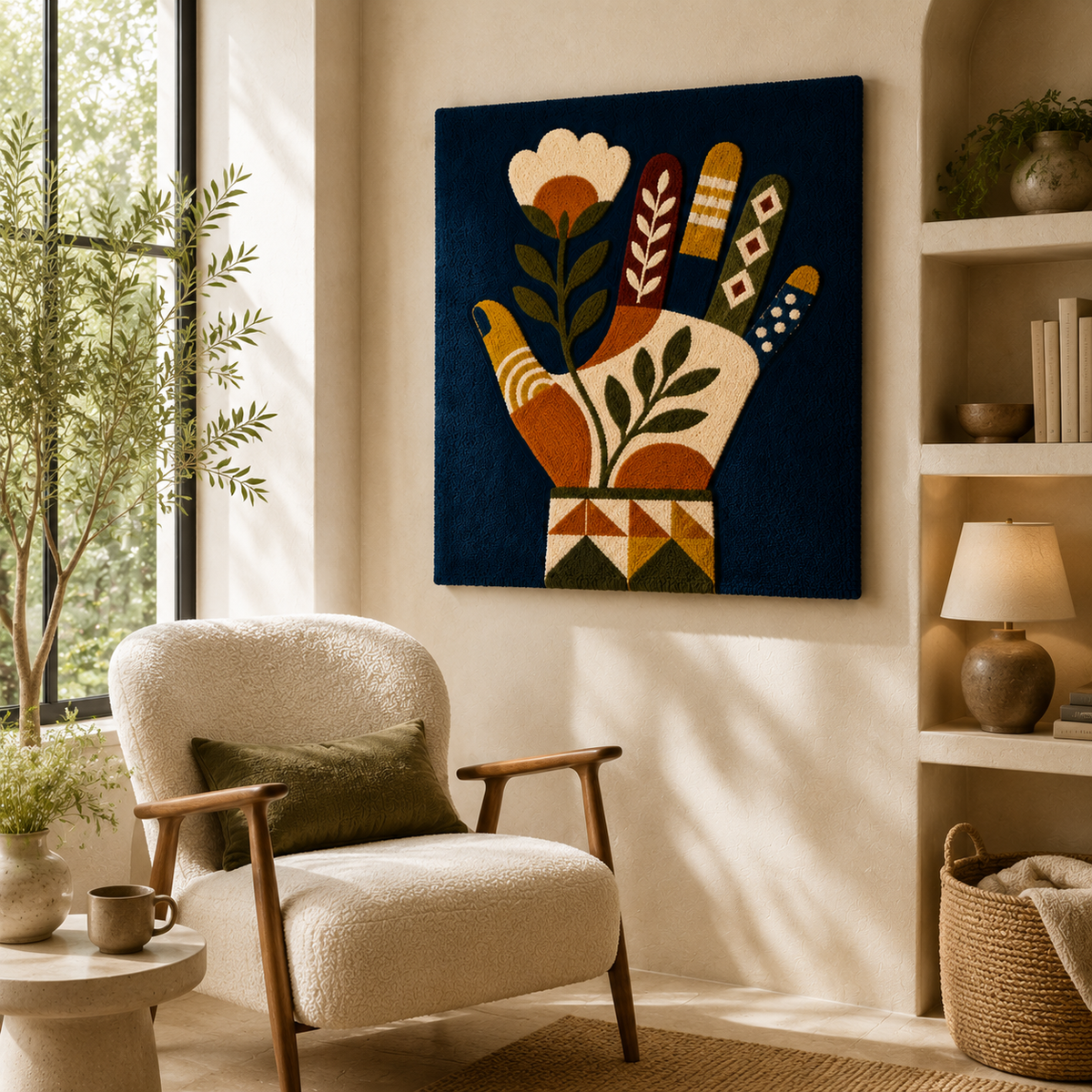 Botanical hand offering wall art by Hewn Earth featuring detailed botanical illustrations on a natural background.
