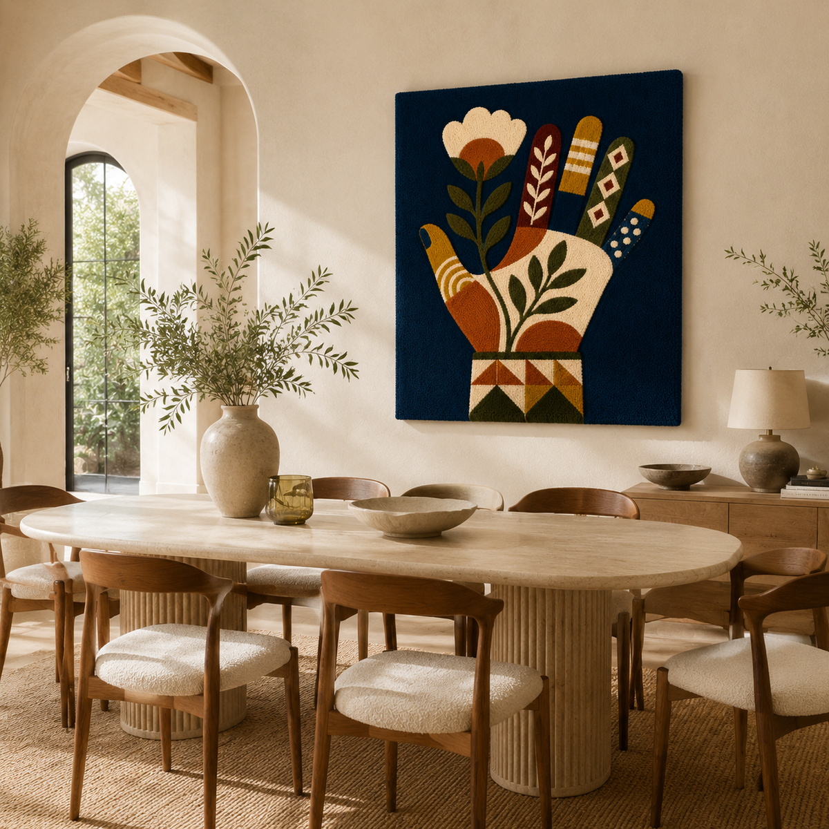 Botanical hand offering wall art by Hewn Earth featuring a detailed illustration of a hand surrounded by botanical elements.