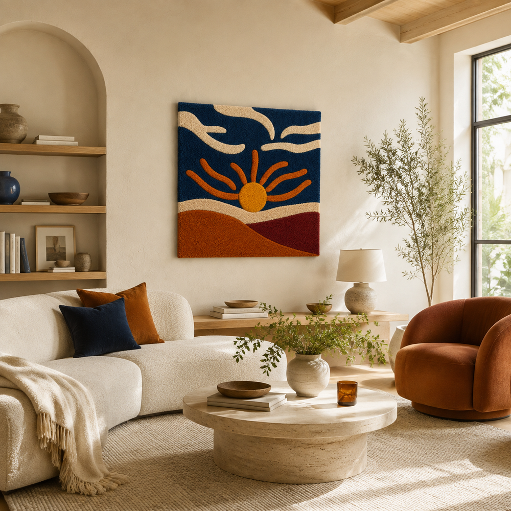 Hewn Earth Vermilion Sunrise wall art featuring warm orange and red tones, abstract landscape design for modern home decor.