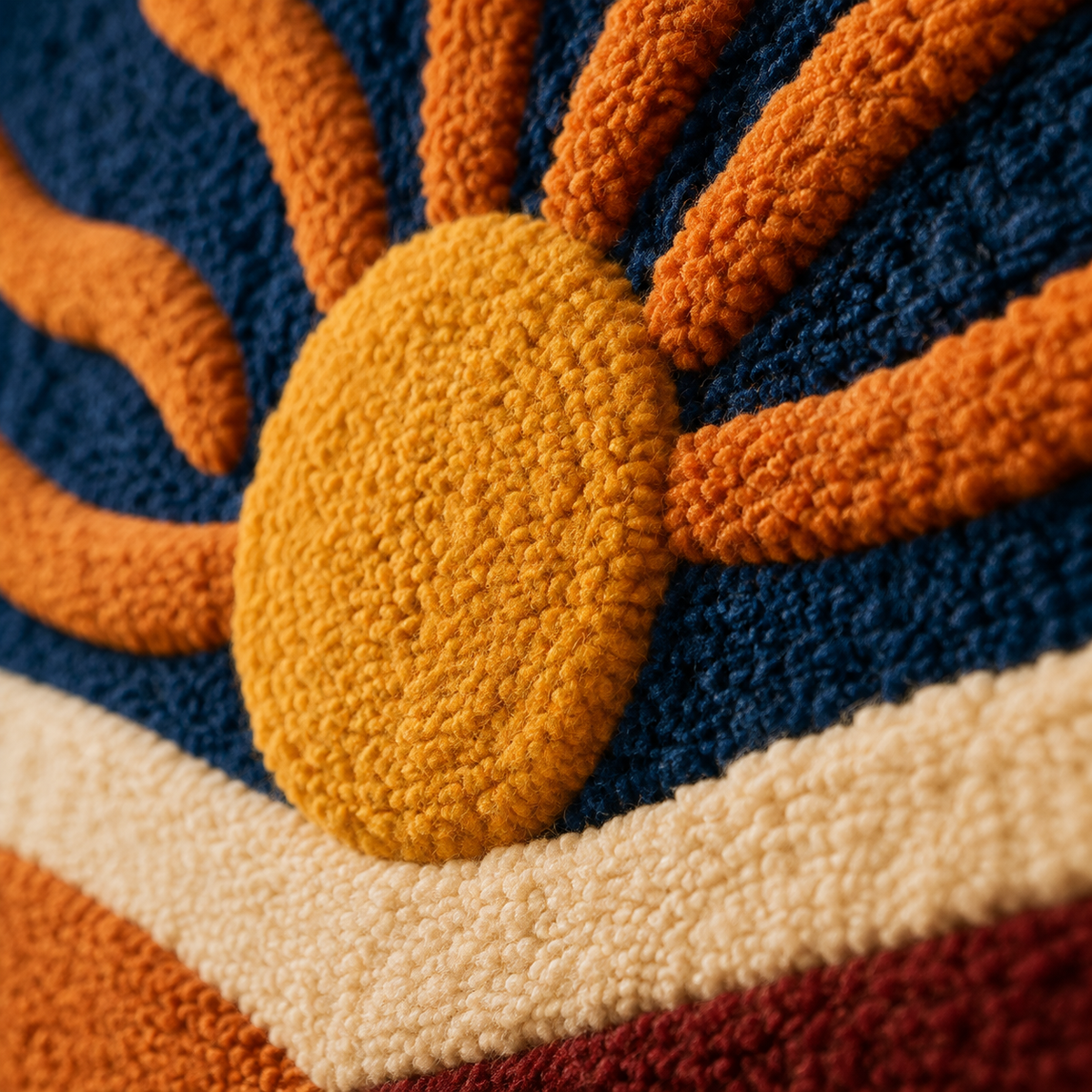 Close-up of Hewn Earth Vermilion Sunrise wall art showing vibrant red and orange abstract design on textured canvas.
