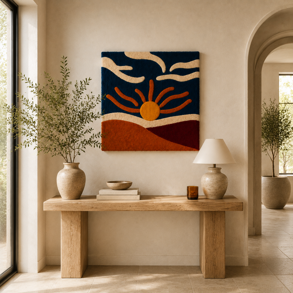 Hewn Earth Vermilion Sunrise wall art featuring vibrant red and orange hues, abstract sunset scene on canvas.