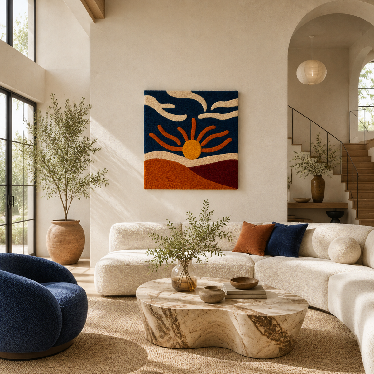 Hewn Earth Vermilion Sunrise wall art featuring vibrant red and orange abstract design on canvas.