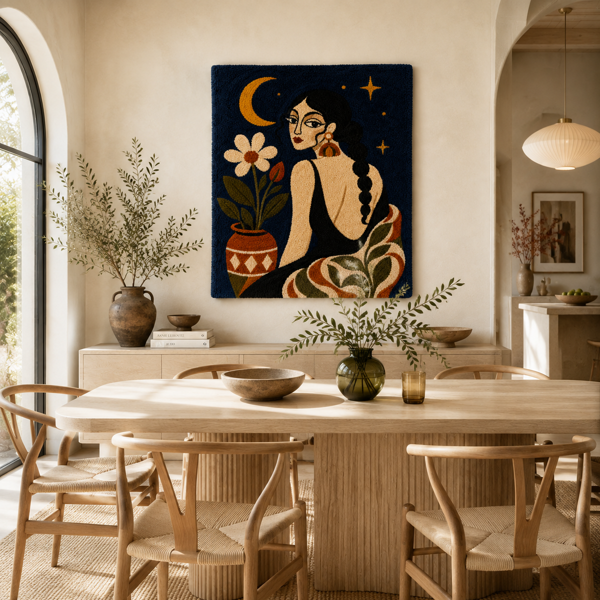 Hewn Earth Moonflower Reverie wall art featuring a serene moonflower design displayed on a wall in a modern room.