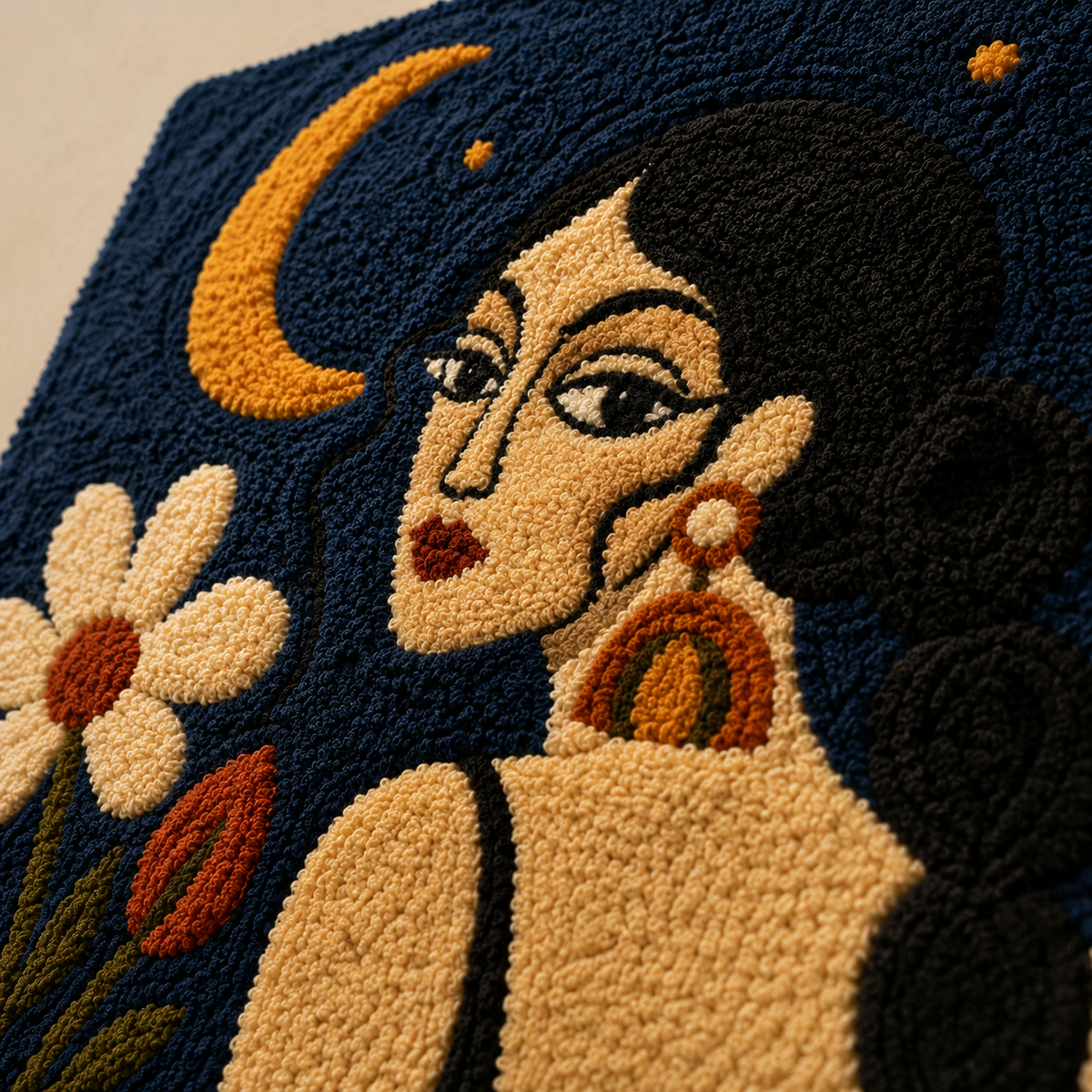 Detailed close-up of Hewn Earth Moonflower Reverie wall art, showcasing intricate floral and moon-inspired design in vibrant colors.