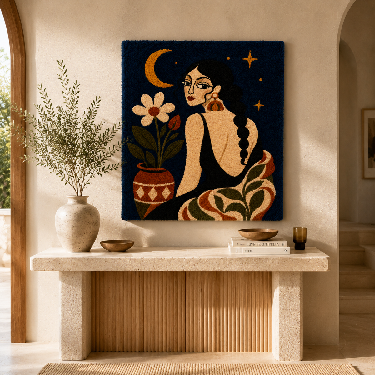 Hewn Earth Moonflower Reverie wall art featuring a vibrant, abstract floral design on a textured canvas background.