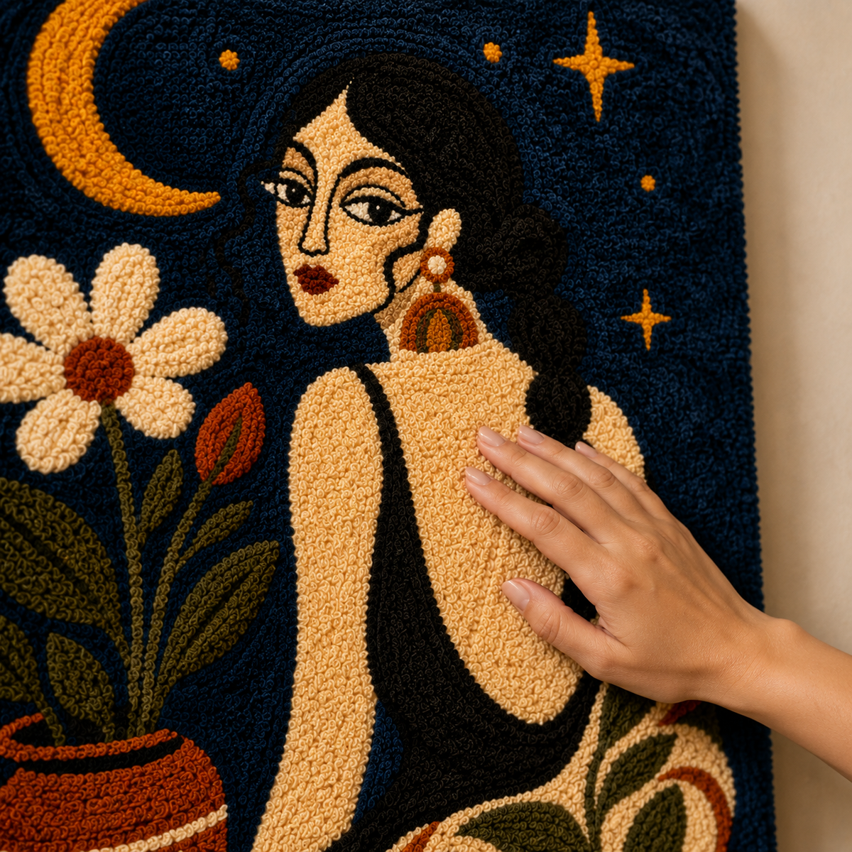 Hewn Earth Moonflower Reverie wall art featuring a vibrant, abstract floral design on a textured canvas.