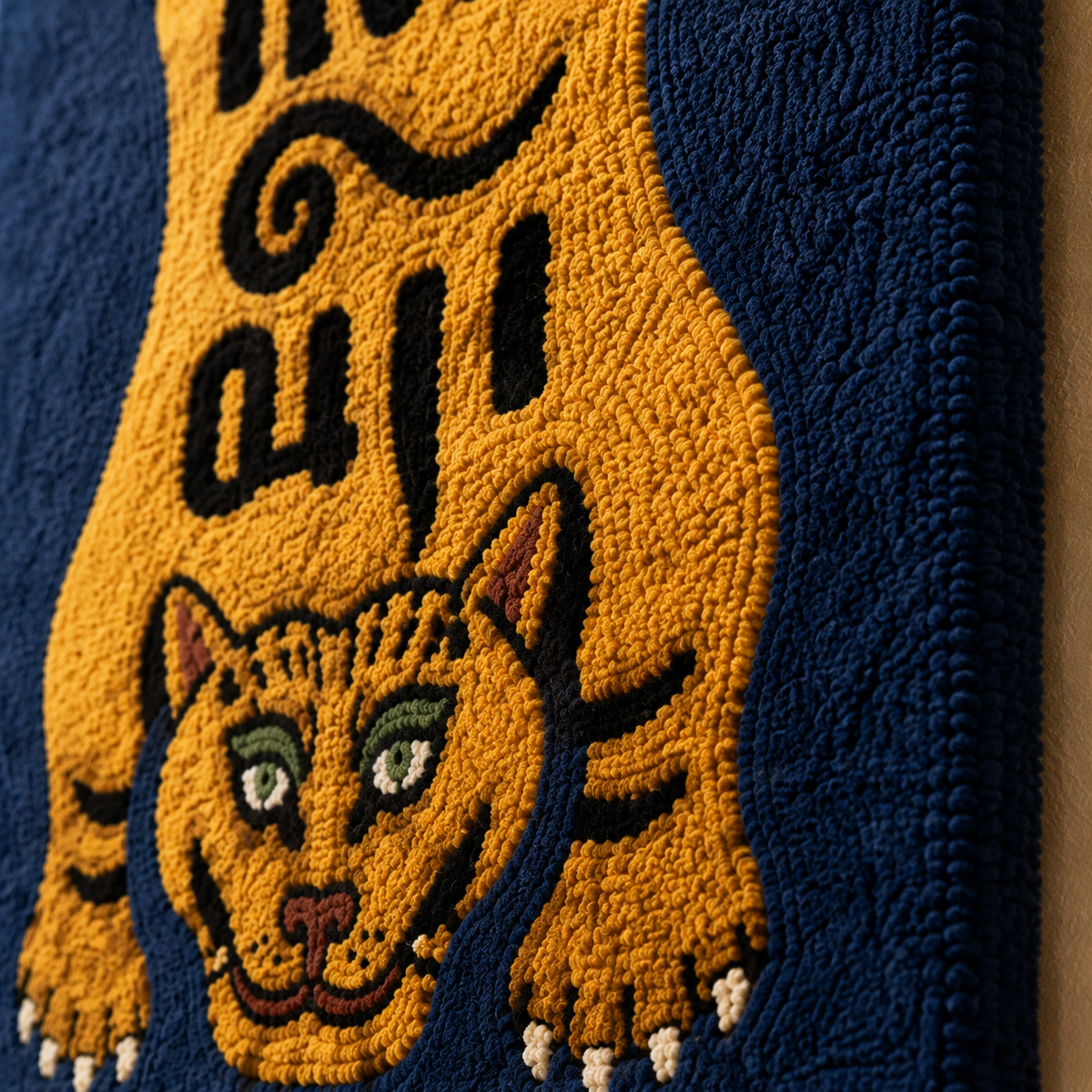 Detailed image of Hewn Earth Golden Tiger Totem wall art, showcasing intricate design and vibrant gold accents.