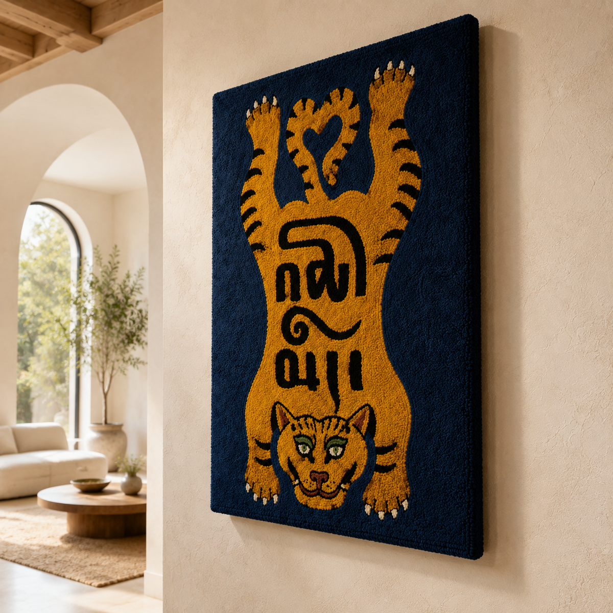 Golden Tiger Totem wall art by Hewn Earth featuring a detailed golden tiger carved design on a natural background.
