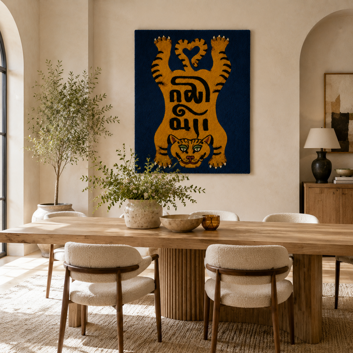 Golden Tiger Totem wall art by Hewn Earth, featuring a detailed tiger design on a textured background.