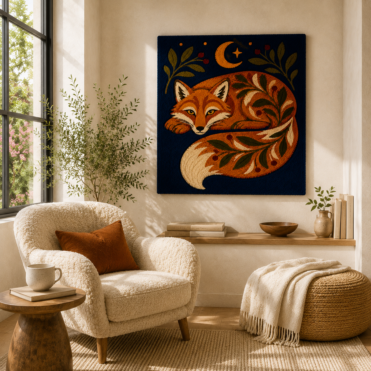 Hewn Earth Fox Under Crescent wall art featuring a fox silhouette beneath a crescent moon, mounted on a neutral wall.