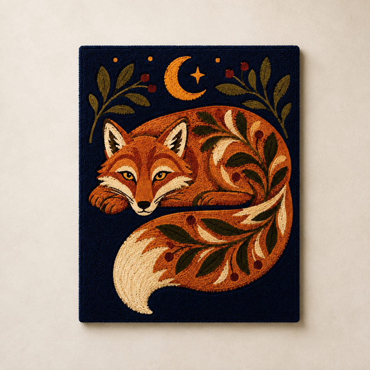 Hewn Earth Fox Under Crescent wall art featuring a painted fox under a crescent moon, displayed on a neutral background