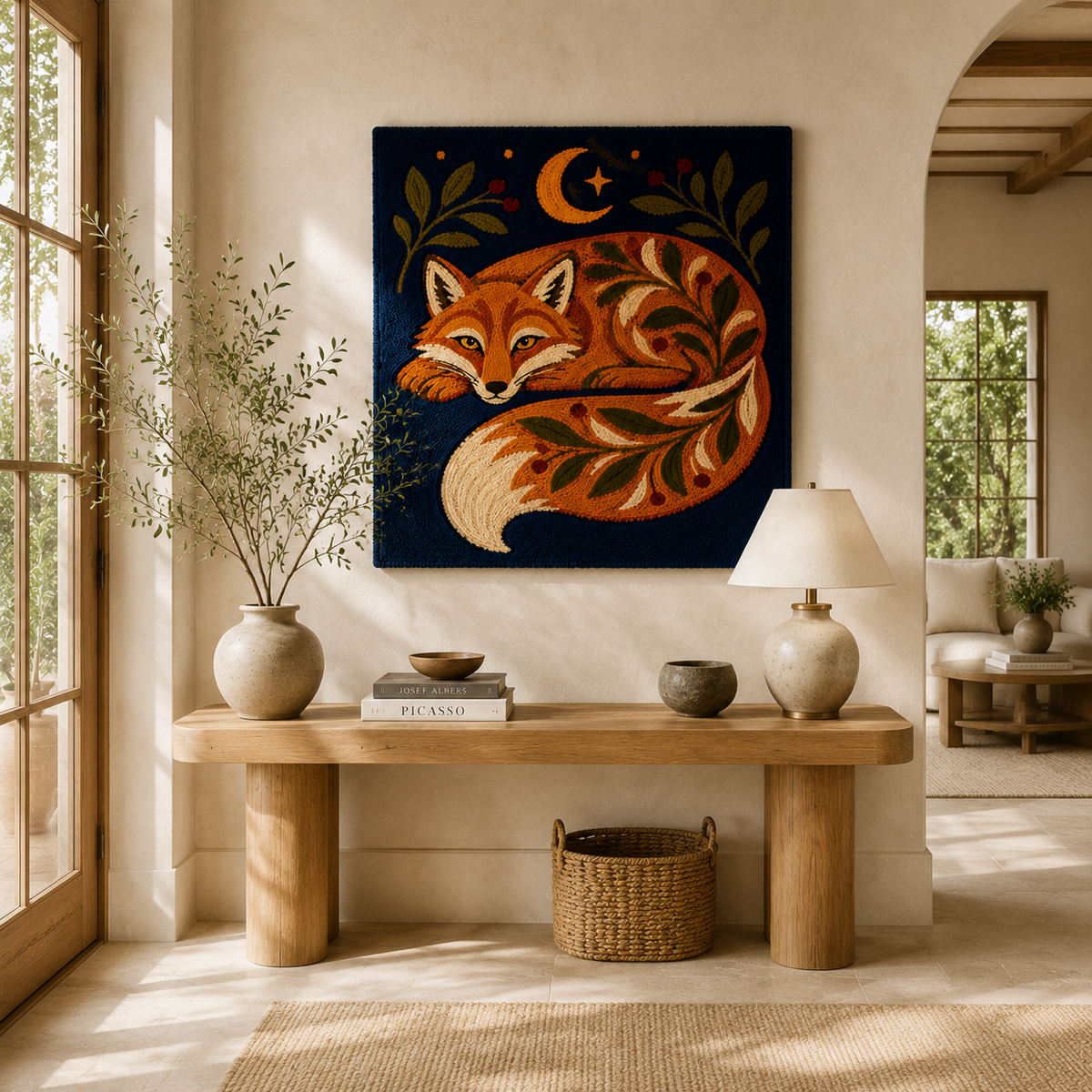Hewn Earth Fox Under Crescent wall art featuring a stylized fox beneath a crescent moon in a natural, artistic design.