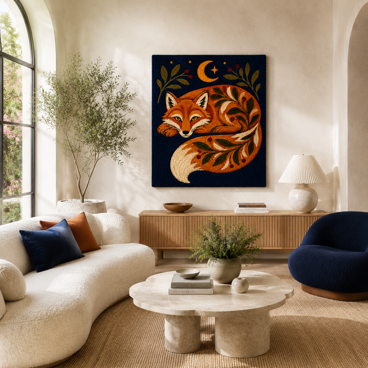 Hewn Earth Fox Under Crescent wall art featuring a fox beneath a crescent moon in a detailed, artistic print.