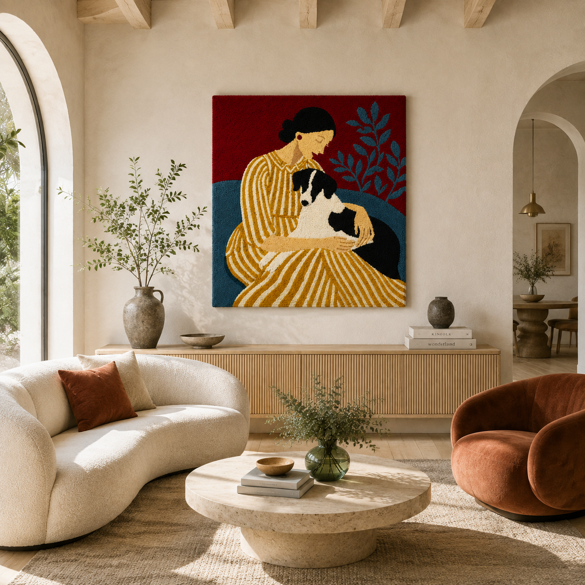 Crimson Cat Tender wall art by Hewn Earth featuring a vibrant red cat illustration on a textured background.