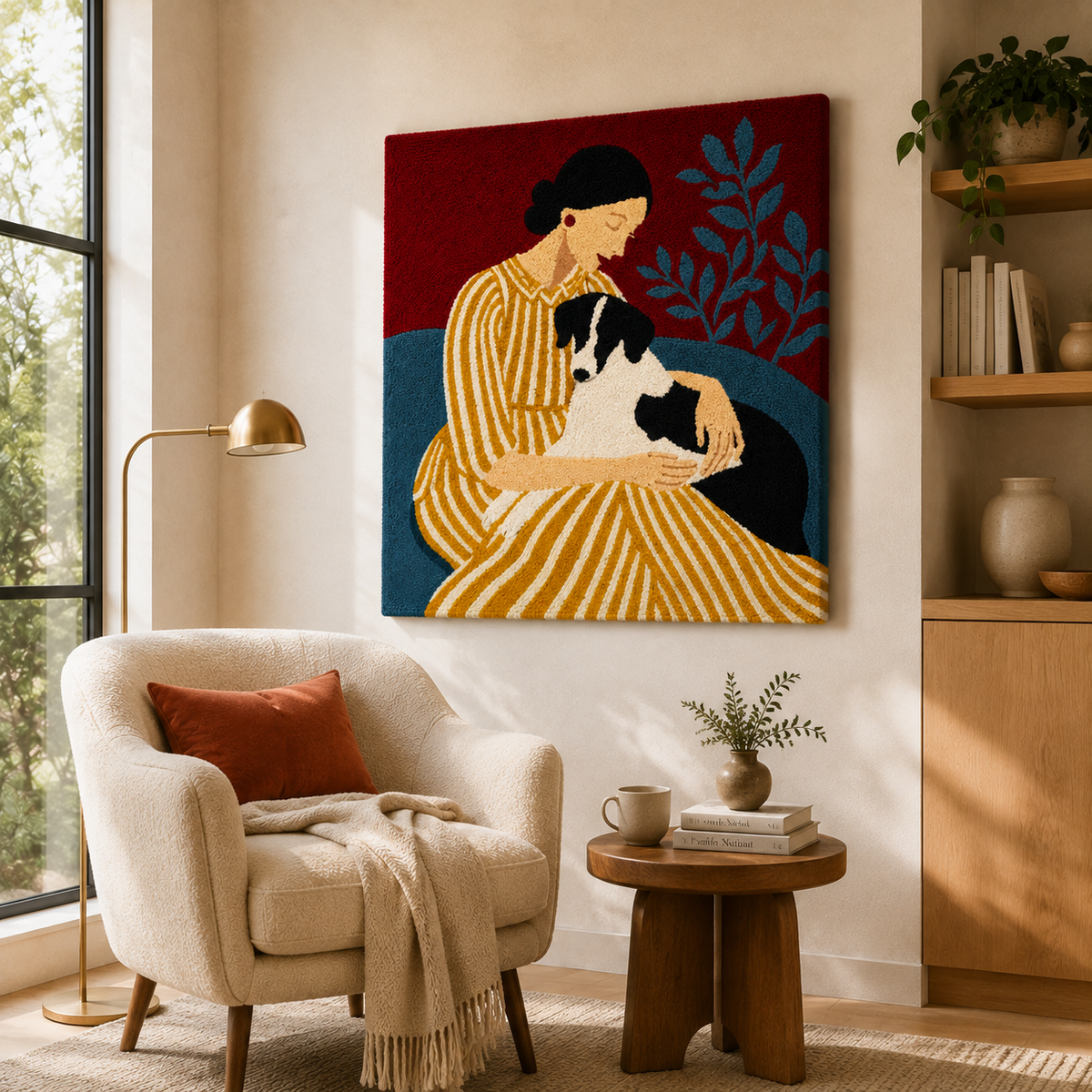 Crimson Cat Tender wall art by Hewn Earth, featuring a vibrant red cat illustration on textured canvas.