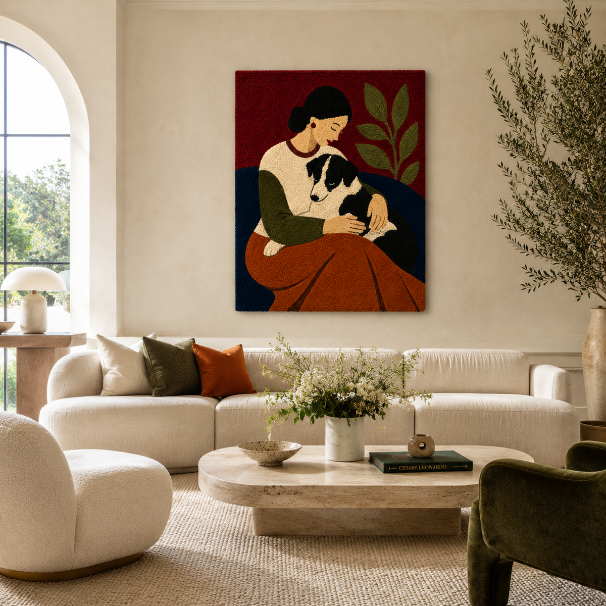 Olive Cat Embrace wall art by Hewn Earth featuring a serene cat illustration in shades of olive and green.