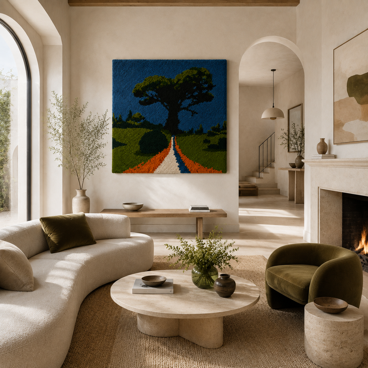 Blue Road Oak wall art by Hewn Earth featuring a modern abstract design in shades of blue and oak wood tones.