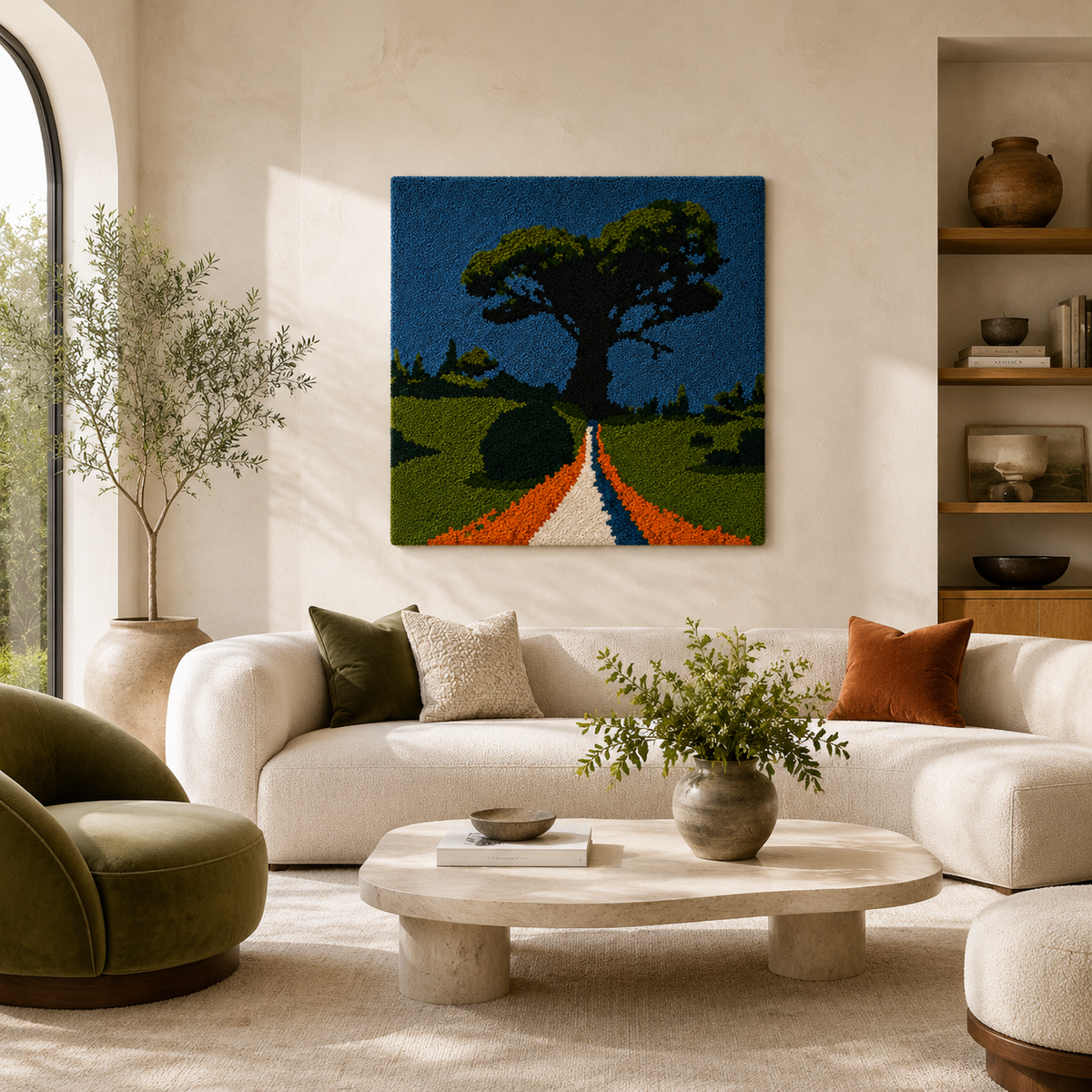 Blue Road Oak wall art by Hewn Earth featuring abstract blue and brown textured wood design for modern interior decor
