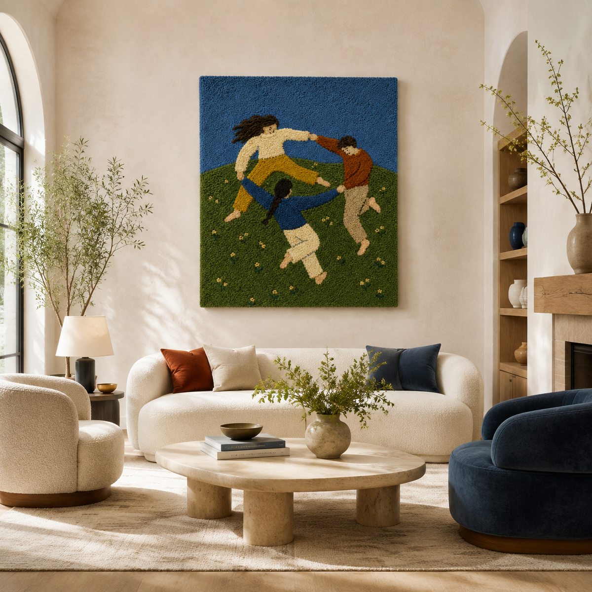 Hewn Earth Circle of Motion wall art featuring a circular abstract design in earthy tones, displayed on a modern room wall.