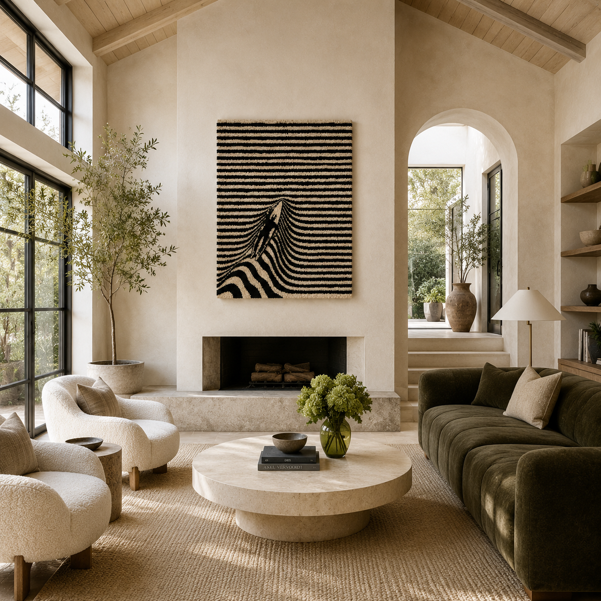 Hewn Earth striped Mirage wall art with abstract, colorful stripes displayed on a room wall.