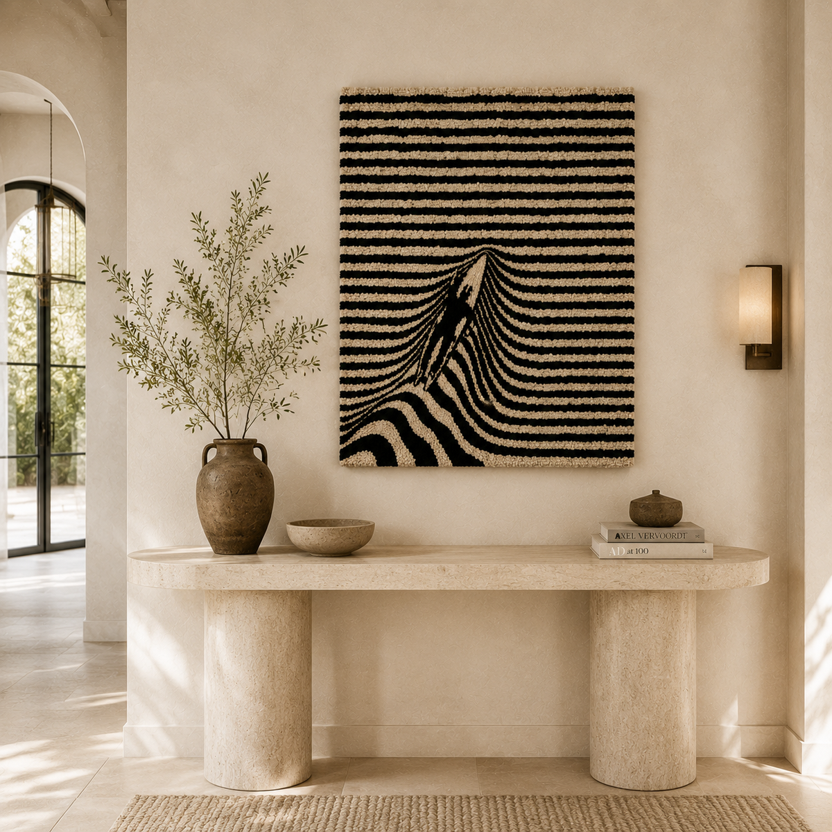 Colorful striped Mirage Wall Art by Hewn Earth featuring vibrant, abstract patterns on a rectangular canvas.