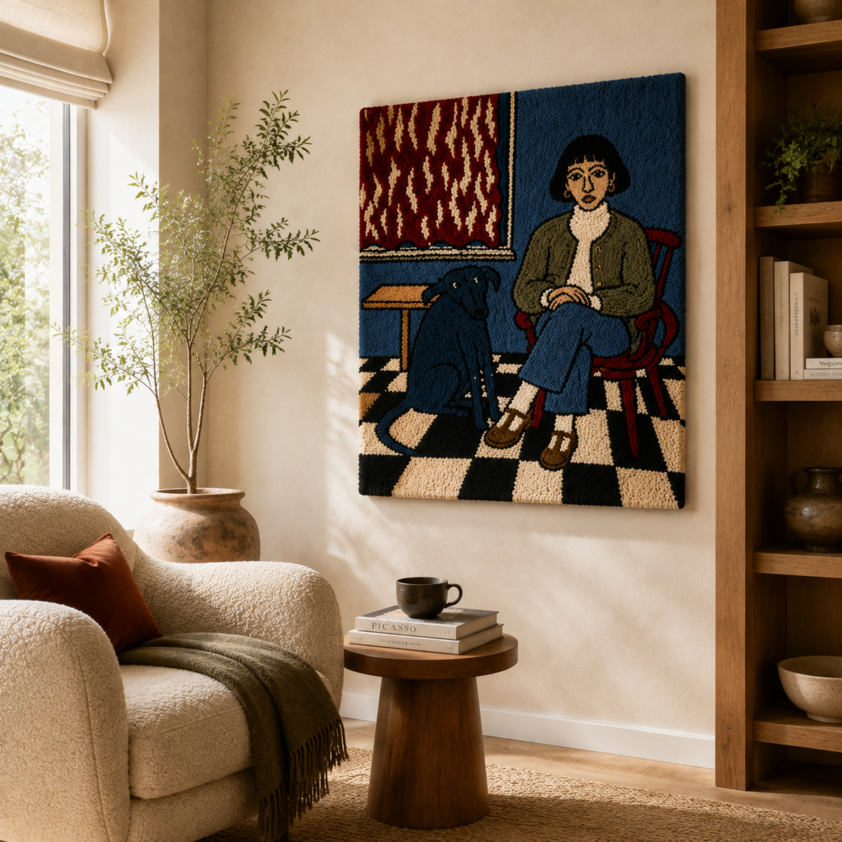 Indigo Salon Portrait wall art by Hewn Earth featuring a vibrant, artistic portrait with rich blue and warm tones displayed on a wall.