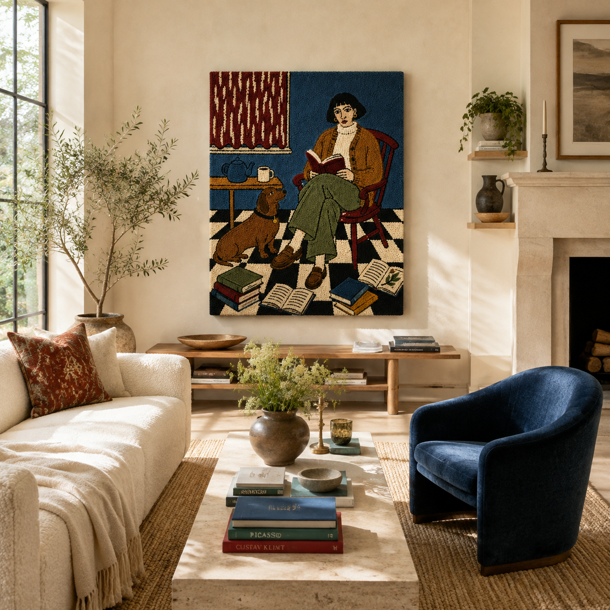 Ochre-colored Hewn Earth wall art portrait of a chair, showcasing warm tones and artistic design for modern home decor.