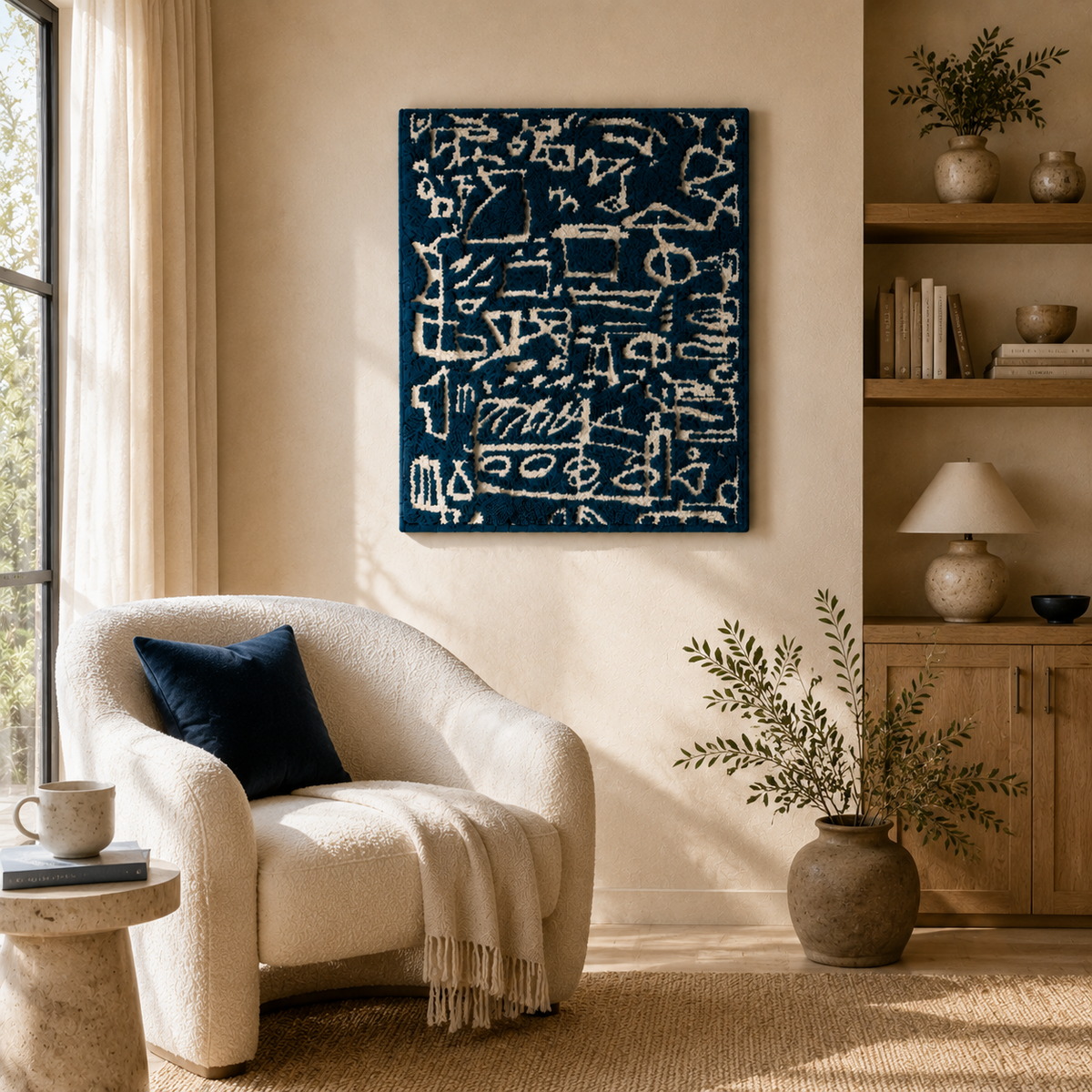 Indigo Mark Ledger wall art by Hewn Earth featuring a textured, abstract design in shades of blue and white on canvas.