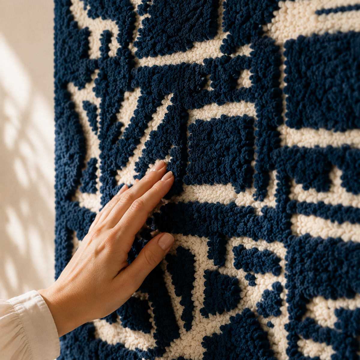 Indigo Mark Ledger wall art by Hewn Earth featuring abstract indigo and beige textured design on canvas.