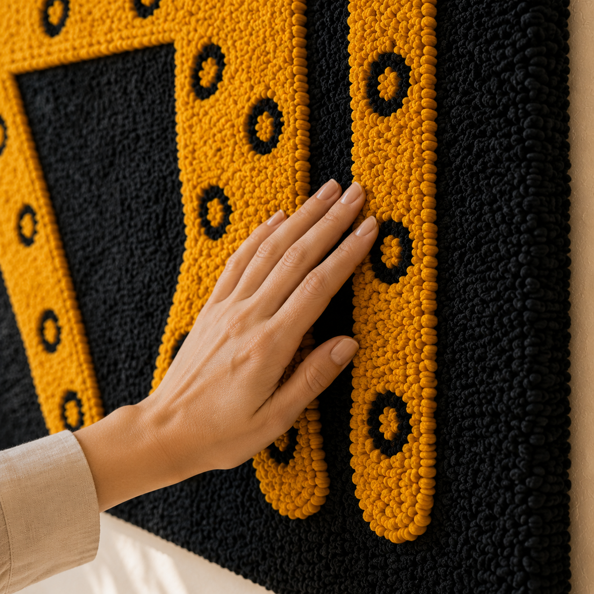 Hewn Earth Golden Gate Marks wall art featuring intricate gold-toned patterns on a textured background.