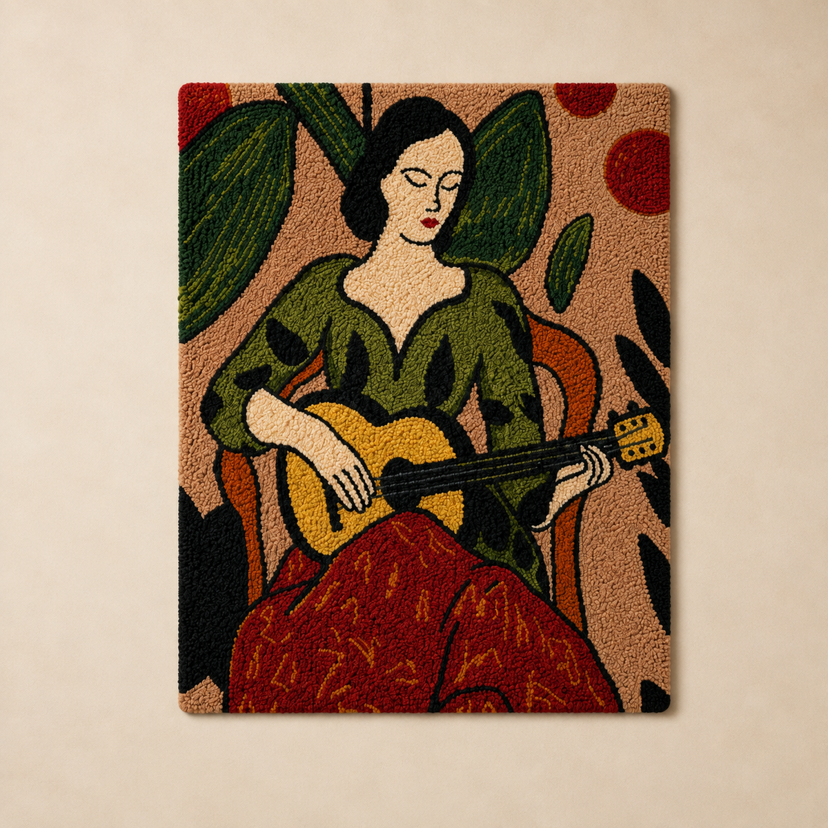 Hewn Earth Garden Guitarist wall art featuring a detailed musical-themed illustration on a wooden panel.