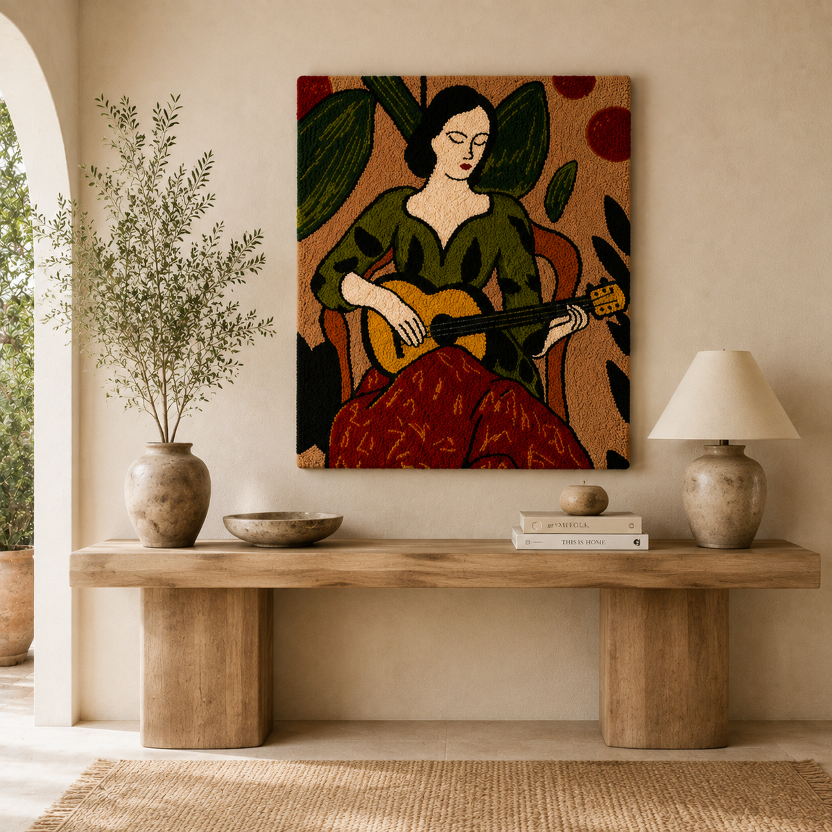 Hewn Earth Garden Guitarist wall art featuring a colorful guitar illustration on a textured background for garden decor.