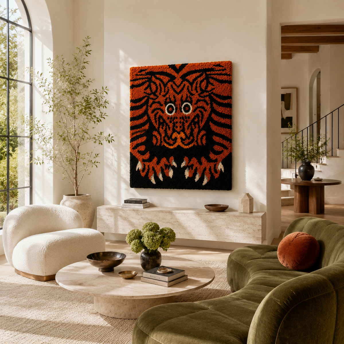 Hewn Earth Tiger Flame wall art featuring a vibrant tiger flame design displayed on a room wall.