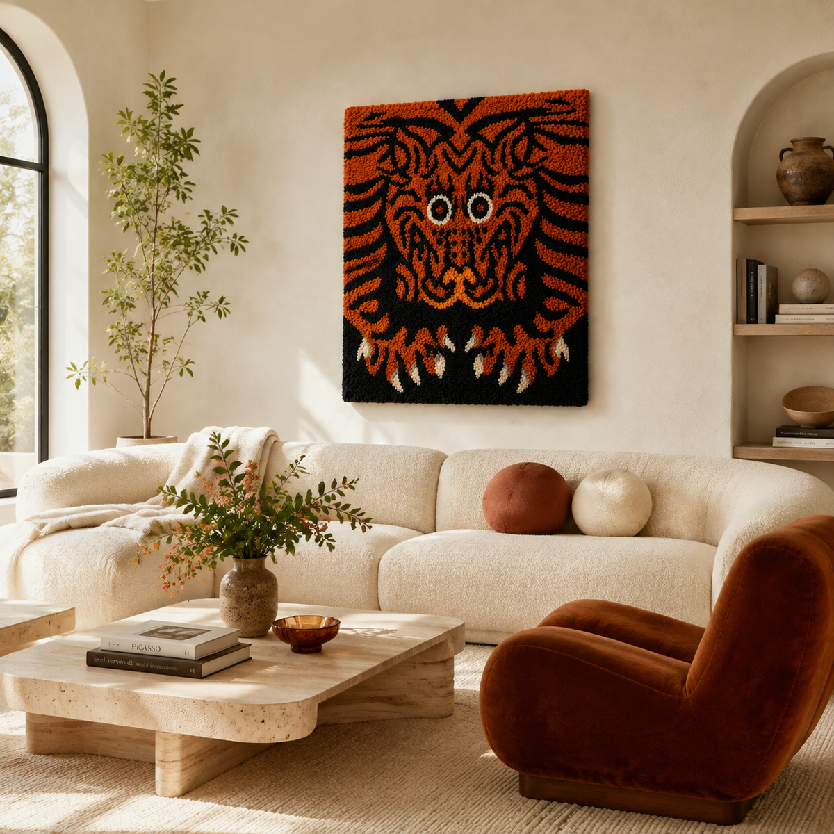 Hewn Earth Tiger Flame wall art featuring a vibrant tiger face with fiery orange and black colors on a dark background.