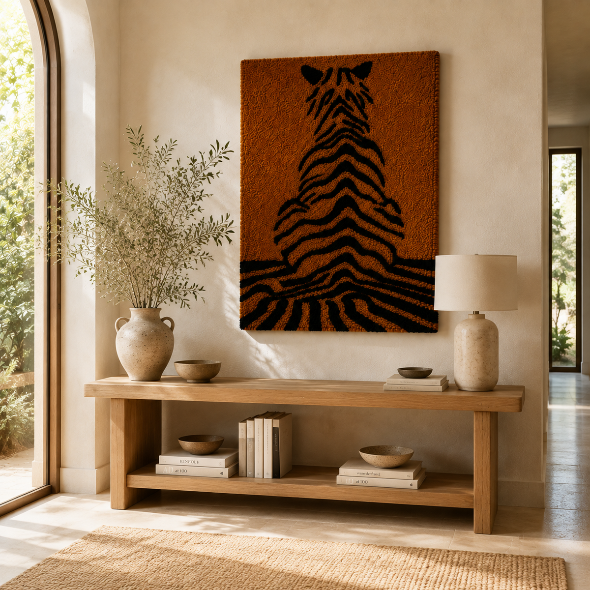 Ochre Tiger Lines wall art by Hewn Earth, featuring bold tiger stripe patterns in warm ochre tones, designed for modern interior decor.