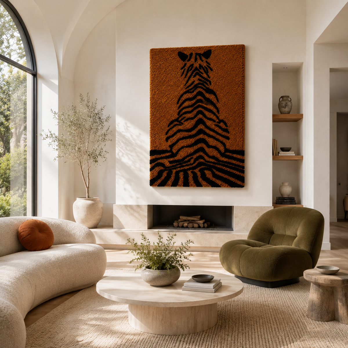 Ochre tiger lines wall art by Hewn Earth featuring bold, abstract tiger stripe design on canvas for modern home decor.