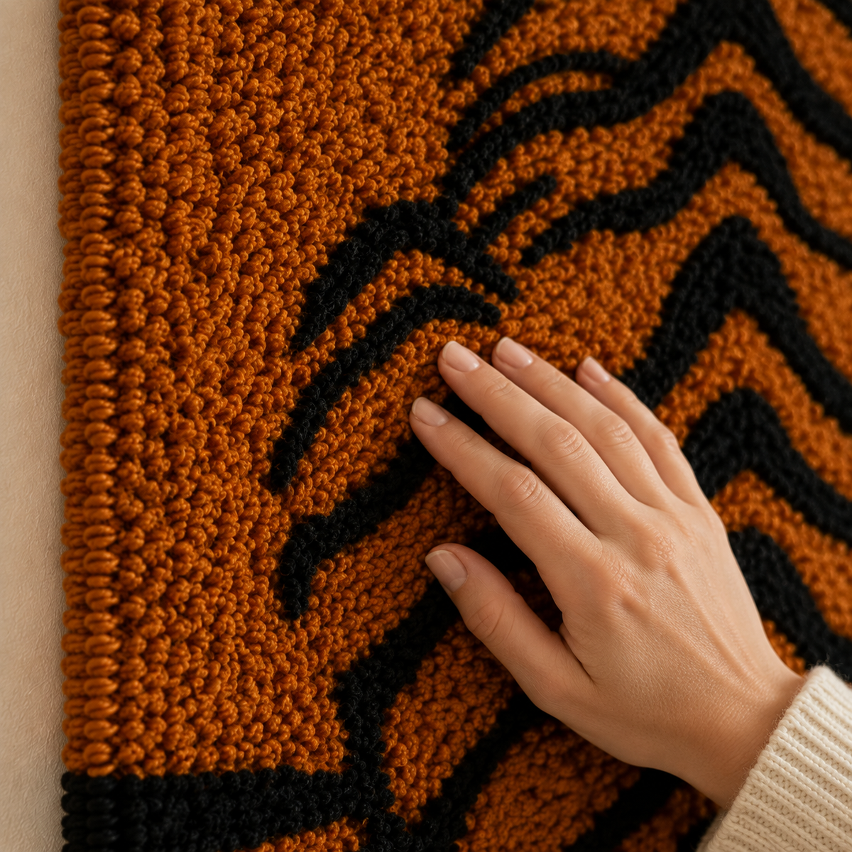 Ochre Tiger Lines wall art by Hewn Earth featuring bold, textured tiger stripe design in warm ochre tones.