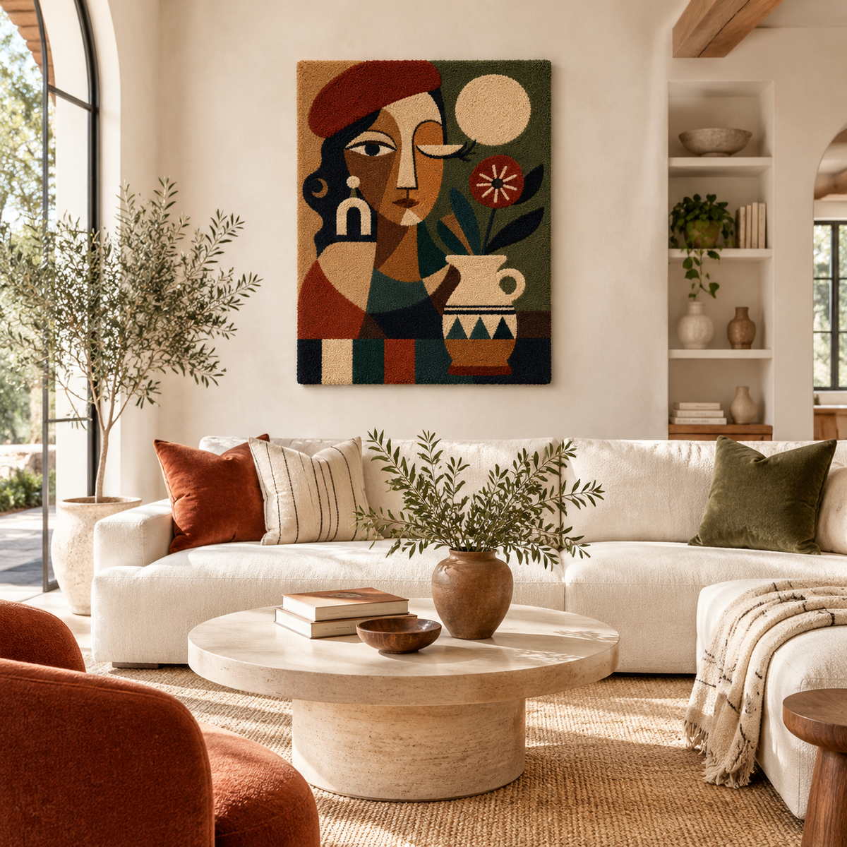Autumn-inspired Hewn Earth wall art featuring a face and vessel design on a textured background.